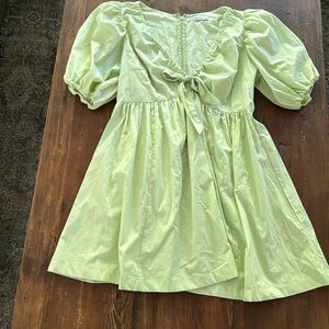 Abercrombie Mini Poplin dress puff sleeves tie v neck lime green size Large NWOT